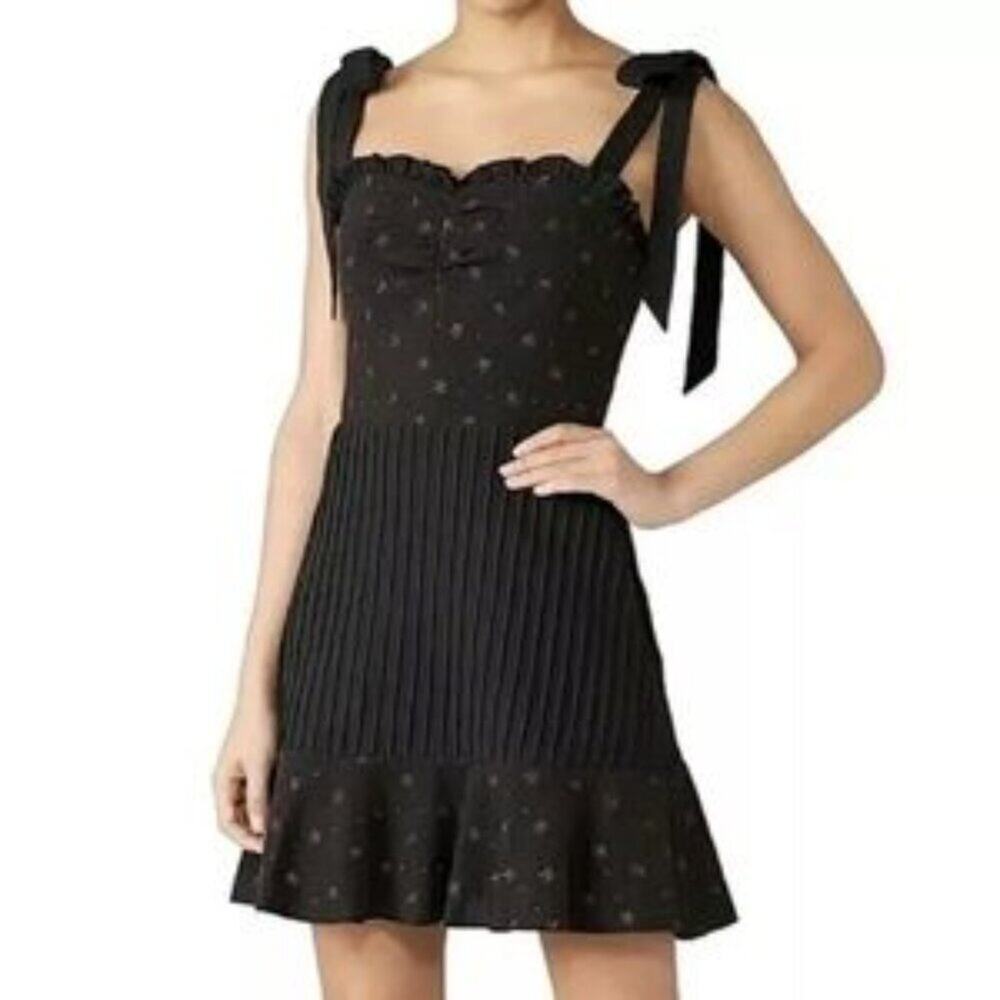 Stevie May Celeste Star-Embroidered Tie-Shoulder Pleated Mini Dress in Black XL